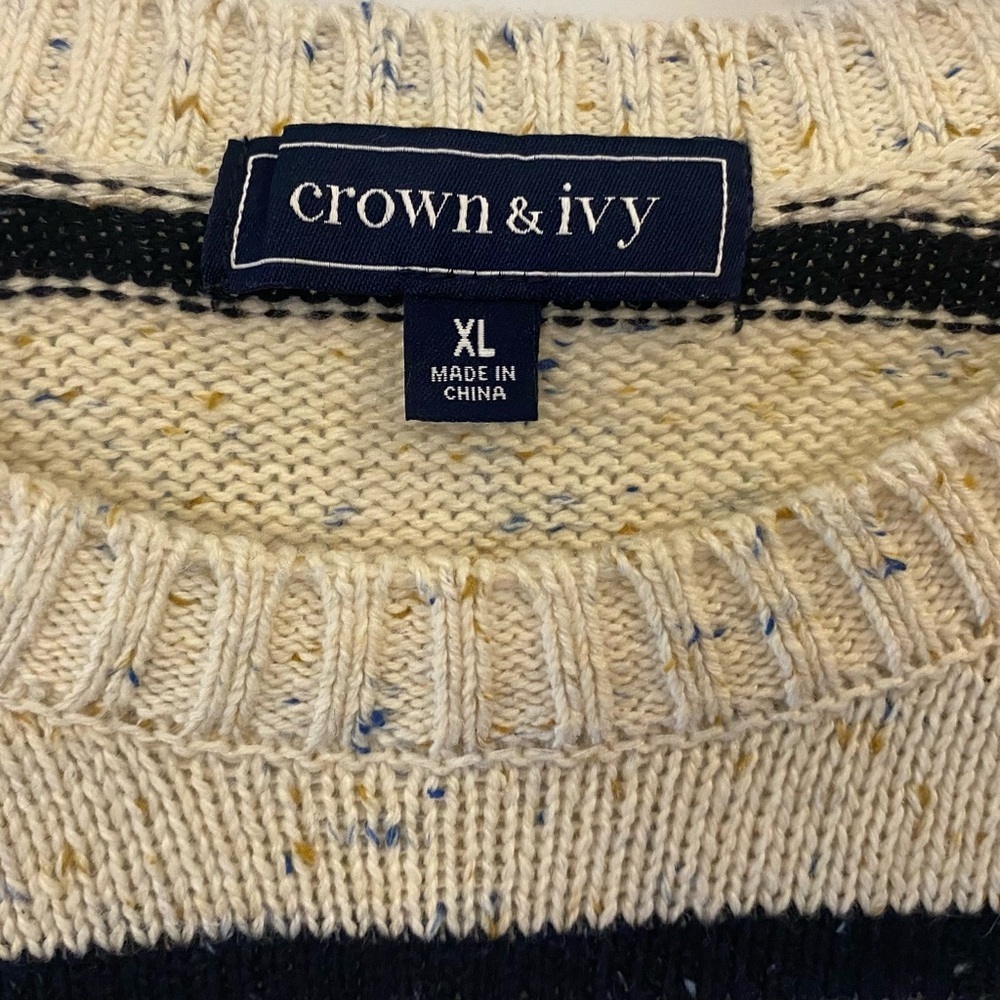 Crown & Ivy Sweater Sz XL Speckled Off White & Navy Stripe Pattern NEW Crew Neck - Picture 2 of 7
